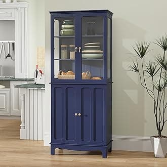 ARTPOWER 72" Freestanding Kitchen Pantry Storage Sideboard, Classical Tall Cabinet with Glass Door and Adjustable Shelves for Kitchen, Livingroom and Dining Room, Navy Blue