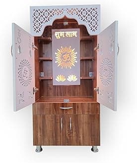 SHIVOJA Brown & White Wooden Temple for Home 130 x 60 x 34 cm | Pre-Assembled Engineered Wood Pooja Mandir with Dual-Tone Finish, LED Light & Spacious Layout | Modern Devghar for Living Room & Office