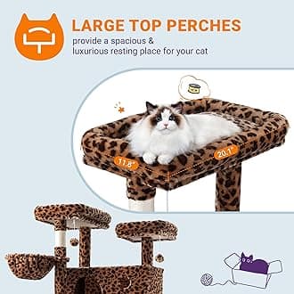 Allewie Cat Tree 205 cm High/Climbing House with Multiple Levels and Towers for Large Cats Condominium and Hammock Scratching Post, Wide Base, Leopard Print