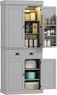 71" Kitchen Pantry Cabinet with LED Motion Sensor Light, Tall Storage Cabinet with 6 Door Shelves, Drawer & Adjustable Shelves, for Living & Dining Room, Gray