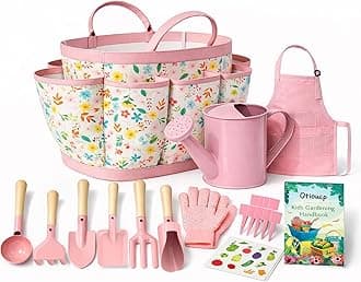 Kids Gardening Set 14Pcs Garden Tools with Tote Bag,Watering Can, Shovel, Apron, Garden Book and More Educational STEM Learning Outdoor for Toddlers Boys Girls (Floral)