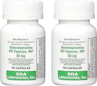 SDA LABORATORIES Diphenhydramine 50mg, Allergy Relief, Antihistamine Capsules, Fast-Acting Formula for Sneezing, Runny Nose & Itchy Eyes – 100 Count (2 Pack)