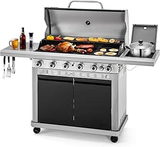 6 Burner BBQ Propane Gas Grill with Side Burner & Porcelain-Enameled Cast Iron Grates, Grill Griddle Combo for Outdoor Barbecue, 740 SQ.IN. Large Cooking Area