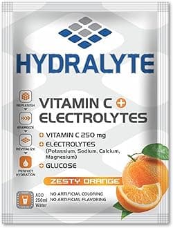 Hydralyte Vitamin C + Electrolyte Hydration Sports Drink Powder Orange Flavor, 10 gm | 1 Sachet make 250 ml | Natural Electrolyte Replacement Supplement for Rapid Hydration