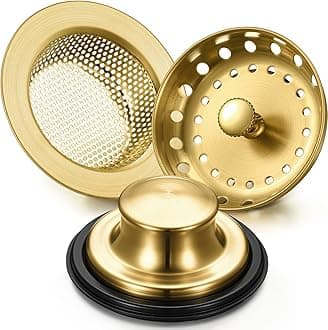 Mudder 3 Pcs Kitchen Sink Drain Strainer and Stopper Stainless Steel Garbage Disposal Plug with Handle Universal Anti-Clogging Kitchen Sink Filter Sieve Basket Strainer(Antique Gold)