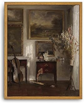 Roslynity Framed Canvas Wall Art Vintage Print Oil Paintings Moody Still Life Interior With Cello Sunshine Neutral Retro Aesthetic Artwork for Home Living Room Bathroom Wall Decor (8"x10")