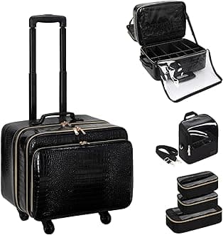 OCHEALRolling Makeup Train Case with One Makeup Brush Holder Bag, 18" Carry On Travel Suitcase,Extra Large Storage Trolley Case On Wheels,3 Layers with 3pcs Bags, for Hairstylist Cosmetology Artist