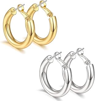 Chunky 14K Gold Plated Hoop Earrings for Women with 925 Sterling Silver Post, Thick Hoops Earrings for Women