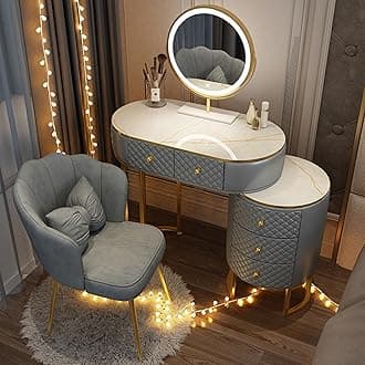 Vanity Set - Makeup Vanity Desk with Smart LED Mirror and Chair, Luxurious Makeup Table with 5 Drawers ＆ Metal Legs, Suitable for Her (Grey, 32'')