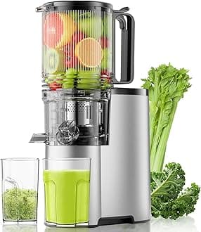 Cold Press 5.8" Wide Juicer with 400W High Juice Yield Slow Chewing Press for Whole Vegetables and Fruits, Metallic Silver