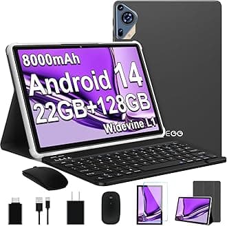 2025 Android 14 Tablet 10 inch Octa-Core Tablets with 22GB RAM+128GB ROM(Expand to 1TB),8000mAh Large Battery,1280x800 IPS HD Touch Screen,Support Widevine L1,Keyboard & Mouse Included-Black