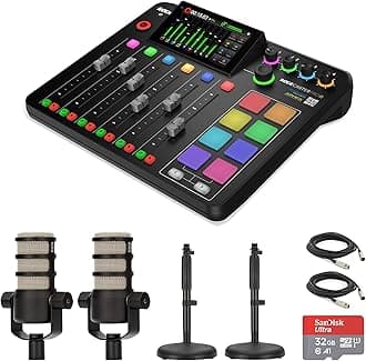 Rode RODECaster Pro II Integrated Audio Production Console with 2x Rode PodMic Dynamic Podcasting Microphones, DS1 Desktop Mic Stands, 32GB microSD Card, XLR Cables and StreamEye Cloth
