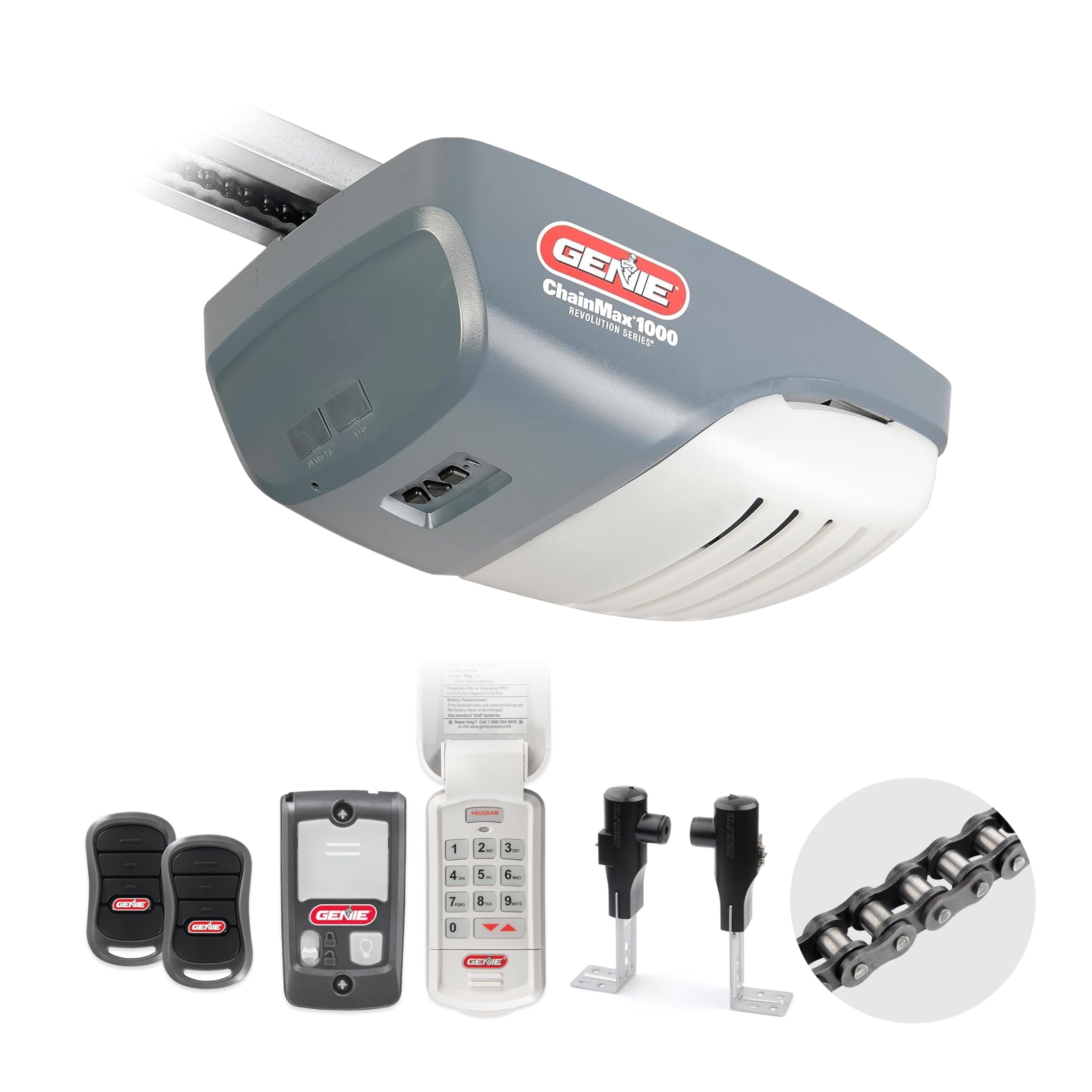 Genie ChainMax 1000 Garage Door Opener - Durable Chain Drive - Includes two 3-Button Pre-Programmed Remotes,Wall Console, Wireless Keypad, Safe-T-Beams - Model 3022-TKH, 140V DC Motor,Gray