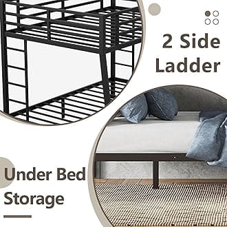 Full XL Over Queen Bunk Bed,Heavy Duty Metal Bunk Bed Frame for Adults,2 Side Ladder,Guardrail,Space-Saving,Noise Reduced,No Box Spring Needed,Black (Black, Full XL Over Queen)