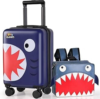 Shark Kids Luggage Set, Boys Hardside Carry On Rolling Suitcase W/Spinner Wheel, 18" Hard Shell Travel Luggage W/Backpack for Toddler Child Baby, Navy Blue, Large, Classic Fashion