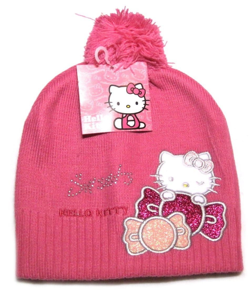 Hello Kitty Original Grade A Quality Winter Pom Pom Hat for Babies, Toddlers & Kids (Up to 6y) - Pink With Glitter Bow