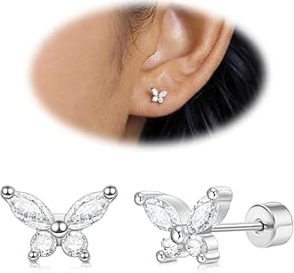 Cartilage Screw Back Earrings for Women, Flat Back Earrings Sterling Silver Hypoallergenic Earrings for Girls Conch Helix Piercing Jewelry Crawler Butterfly Flower Stud Earrings