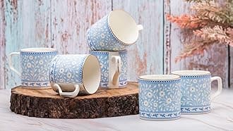 GOLDEN QUEEN'S Handcrafted Tea Cups - Set of 6 | Ideal for Everyday Tea and Coffee, Enhancing Your Daily Rituals (Blue Floral)