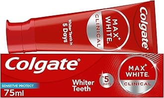 Colgate Max White Clinical Sensitive Protect Toothpaste 75ml - Hydrogen Peroxide Teeth whitening Toothpaste - Whiter Teeth in 5 Days - Deeply whitens Stains* - Enamel Safe for Daily use