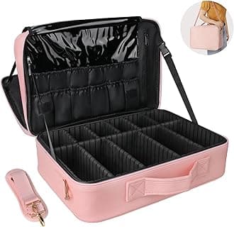 Cosmetic Bags 3 Layer Cosmetic Organizer Makeup Case Beauty Artist Storage Brush Box with Shoulder Strap (pink)