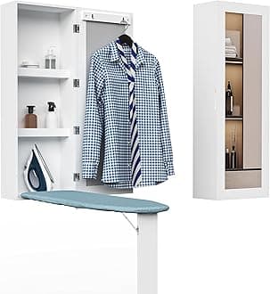 White Wall Mount Ironing Board Center Cabinet with Mirror and Storage Shelves