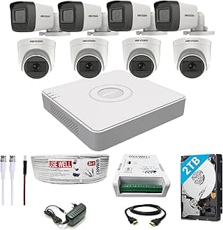 HIKVISION 8 Channel DVR with 5 MP 4 Dome & 4 Bullet Cameras with Audio Recording + 2 TB HDD + (3+1) Cable roll + 8 CH Power Supply + USEWELL BNC & DC Full Combo Kit