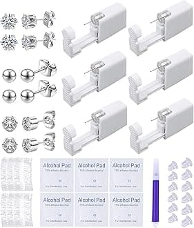 Ear Piercing Kit Disposable Ear Cartilage Piercing Gun Kit with Sterile 4mm CZ Ball Studs Easy and Safe Earring Self for Yourself Use at Home(Silver Mixed Patterns 4mm)