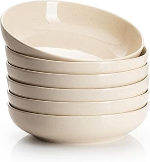 Sweese 30 Oz Salad Serving Bowls Set of 6, 8.4 Inch, Porcelain Pasta Plates - Microwave Dishwasher Safe, Beige