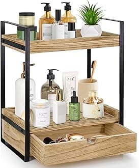 Ukonvi 2-Tier Bathroom Organizer Countertop with Drawer, Wood Counter Shelf for Storage, Vanity Tray for Organization and Decor, Countertop Organizer for Bathroom, Kitchen, Office (Brown)