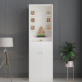 FURNEASER Adya Wooden Pooja Mandir for Home with Storage | Engineered Wood Temple Stand with Shelf & Cabinet | Compact Floor-Standing Prayer Unit for Living Room � White Finish, 161x50x32 cm