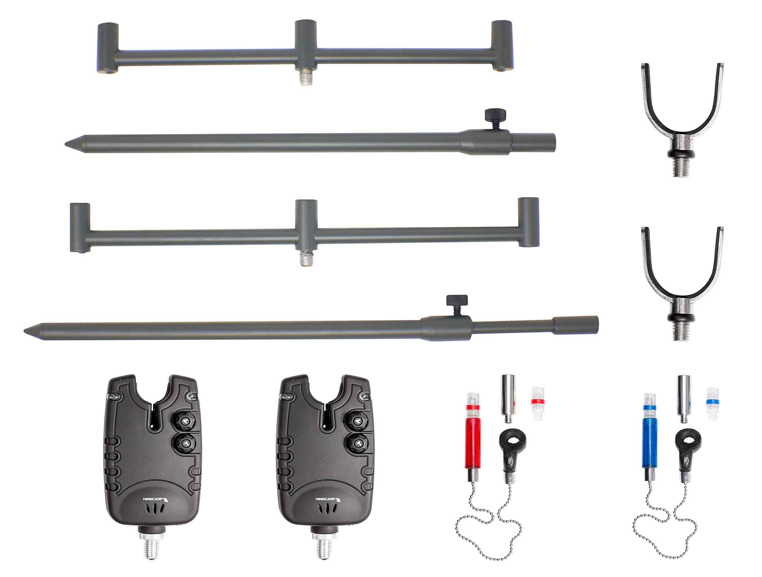 KingCarpFishing Tackle Accessory Set - Features Twin Bite Alarms / 2 Buzz Bars/Two Extendable Bank Sticks / 2 Rod Rest Heads - For Carp and all General Specimen Species [40-024]