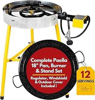 Paelluxe Paella Burner and Stand Set 12 Servings, 18 Inch Paella Pan, Dual Propane Outdoor Stove with Stand & Regulator, Portable Gas Cooker for Camping Crawfish Boil Cooking Outdoor, Paellera Propano