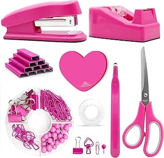 Hot Pink Office Supplies, UPIHO Hot Pink Desk Accessories, Stapler and Tape Dispenser Set for Women with Stapler, Tape Dispenser, Staple Remover, Staples, Clips, Scissor and Sticky Notes for Students