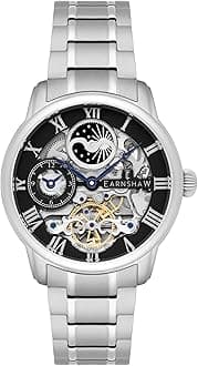 Mens 44mm Longitude Dual Time Automatic Skeleton Watch with Stainless Steel Bracelet, 12 Hour Dual Time, Sun & Moon Display and Decorated Rotor
