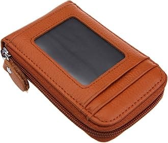 DEEZOMODKER Genuine Leather Mini Credit Card Case Organizer Compact Wallet with ID Window - Brown