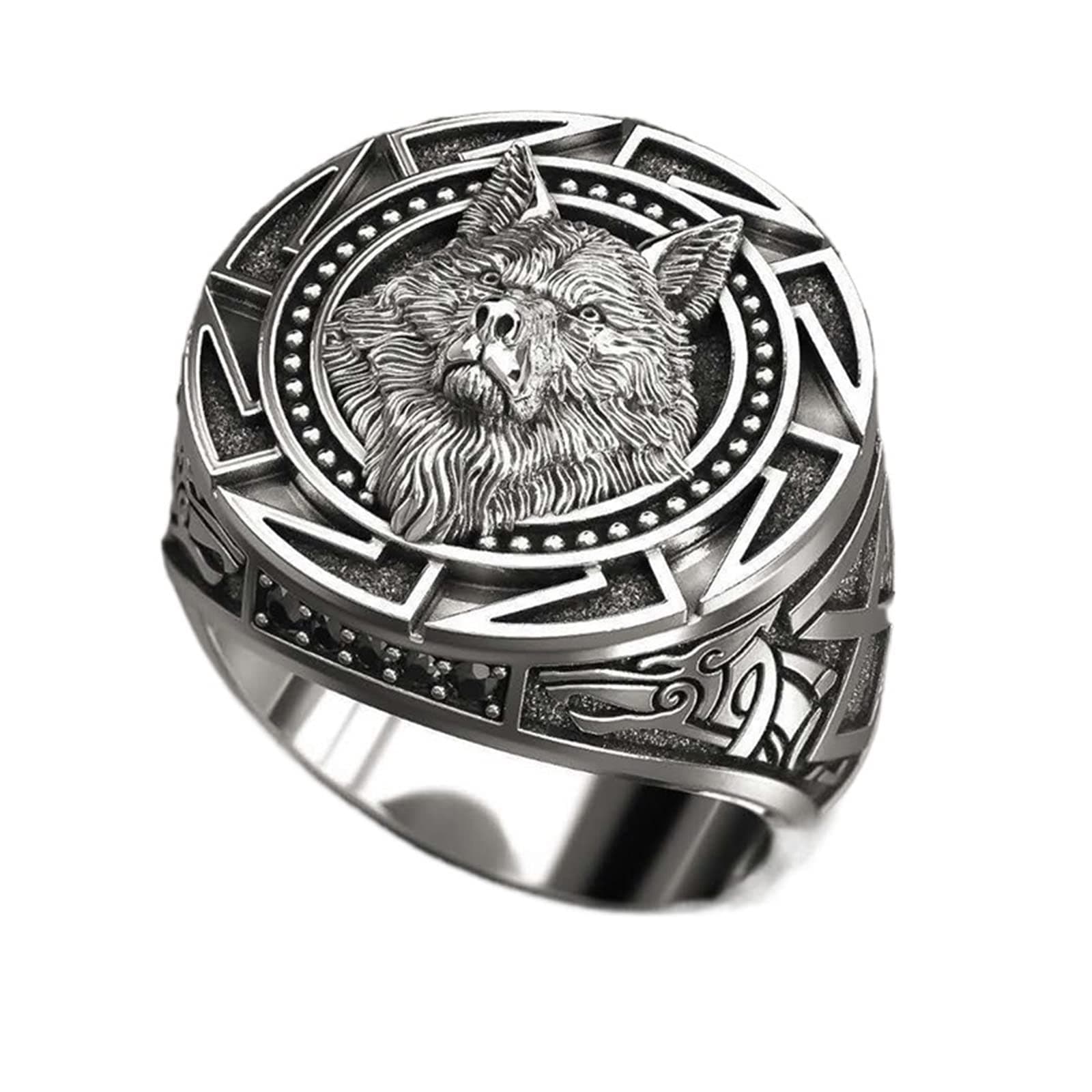 F FABOBJECTS® Mens Wedding Bands, Wolf Totem Thai Silver Ring Myth Viking Warrior Wolf Head Men's Ring
