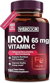 Iron Supplement for Women Men, High Potency Iron 65mg with Vitamin C 250mg, Stomach Friendly Iron Pills for Red Blood Cell & Immune Support, Vegan, Non-GMO & Gluten Free, 180 Tablets