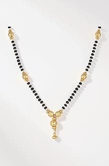ZENEME Gold-Plated Black & White Artificial Stones Studded & Beads Beaded Locket Mangalsutra For Women
