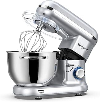 Stand Mixer, Vospeed Food Mixer Dough Blender, 6.2L Electric Cake Mixer with Bowl, Beater, Hook, Whisk, Egg Separator & Silicone Spatula, Dishwasher Safe (Silver)