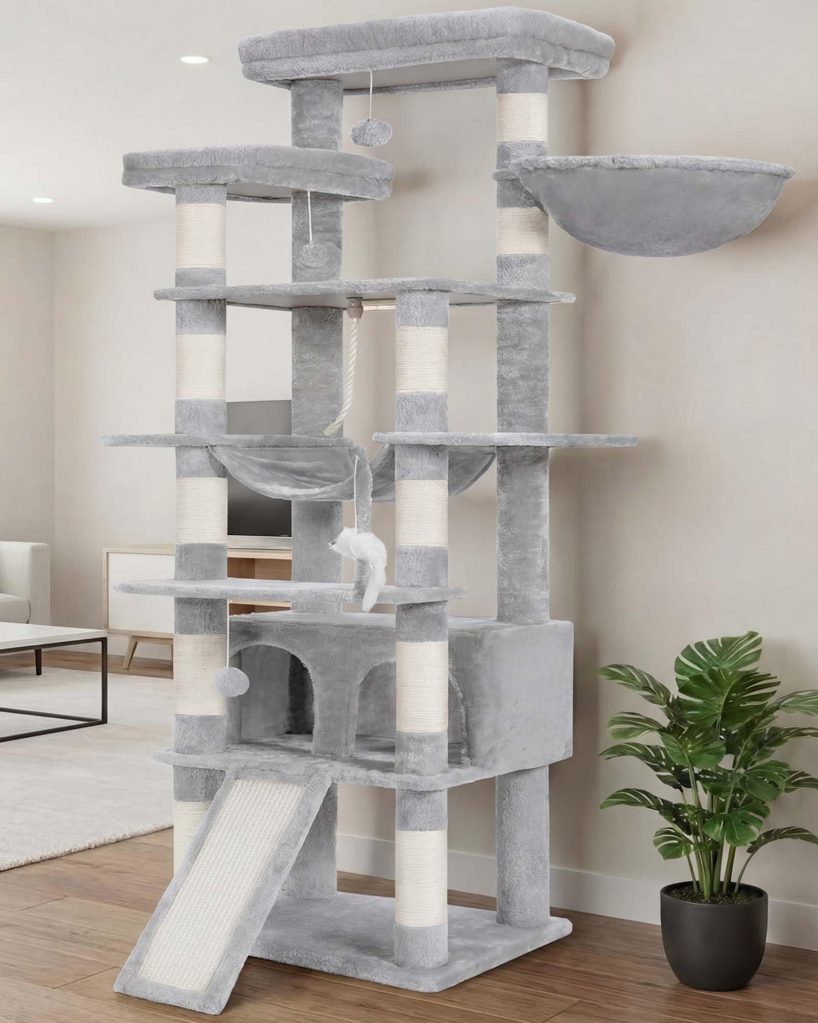 Tall Cat Tree, 78-inch Multi-Level Cat Tower for Indoor Cats, 2 Widened Plush Perches Cat Condo with Scratching Board and Big Caves, Light Gray HCT033W