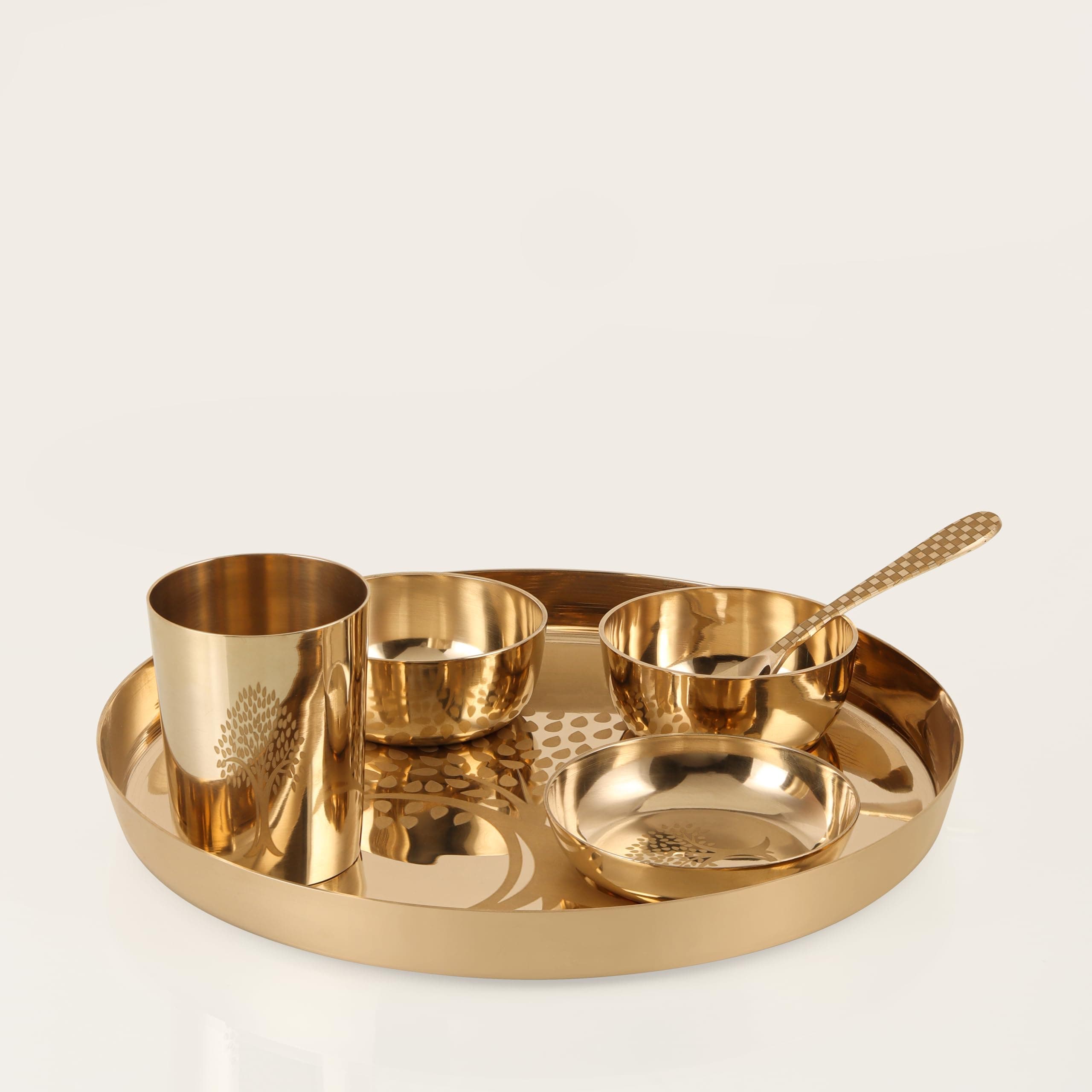 6-Piece Kansa Solid Dinner Set|Matte Finish|1 Plate (11.5" Thali),2 Bowls,1 Glass,1 Sweet Dish Plate,1 Spoon | Bronze Kansa Dinner Set 6 (Life of Tree Polish)