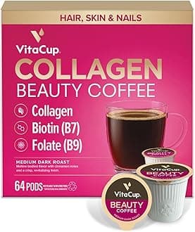 VitaCup Beauty Collagen Coffee Pods for Hair, Skin & Nails, with Biotin & Folate, Medium Dark Roast, Keto Friendly, Recyclable Single Serve Pod Compatible with Keurig K-Cup Brewers,64 Ct