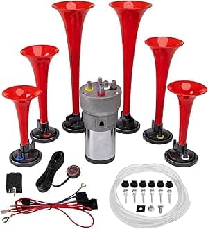FARBIN Musical Horn 6 Trumpet Music Sound Air Horn with Compressor Play Godfather Melody Red 12V 150db for Train Truck Car Boat RV UTV Motorcycle (Godfather Kit)