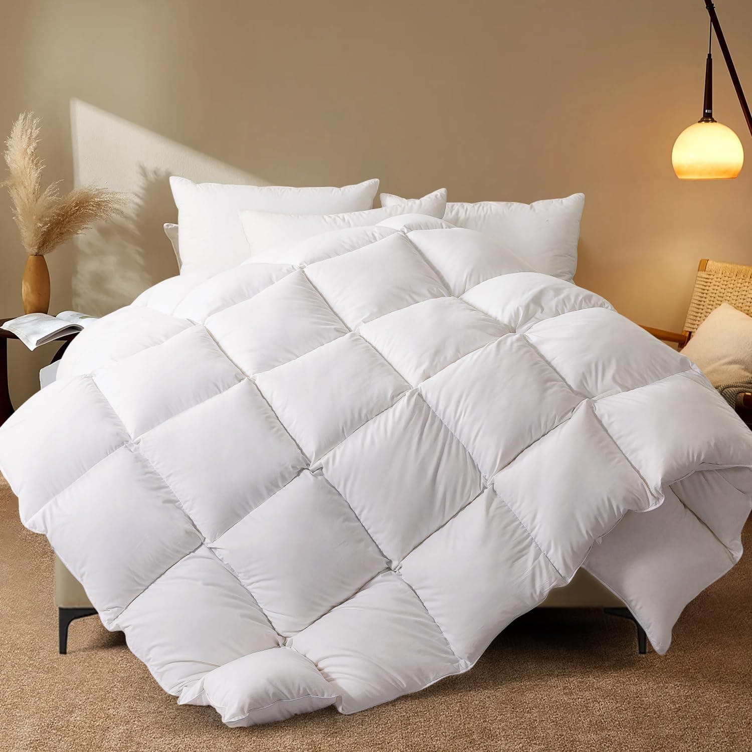WhatsBedding Queen Size Feather Comforter, Filled with Feather and Down Fiber, White All Season Duvet Insert - Luxurious Hotel Bed Comforter - 100% Cotton Cover, Medium Warmth with Corner Tabs - 90x90
