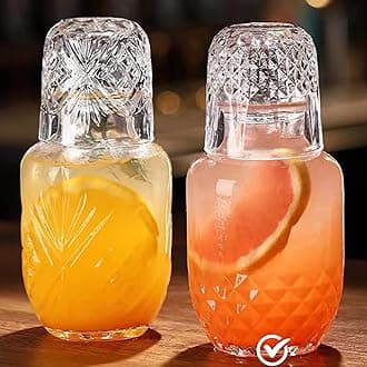 Mfacoy Bedside Water Carafe & Glass Set, 17 OZ Pitcher & 5 OZ Cup, Vintage Glass Night Carafe with Cup for Bedroom