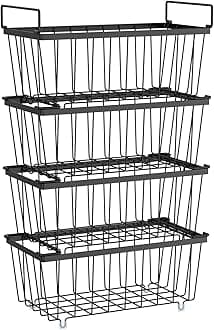 iSPECLE Freezer Organizer Bins - Fits 7 Cu.Ft Chest Freezer, 4 Pack Stackable Wire Baskets(14.7" Length), Heavy Duty Coated Deep Freezer Organizer, Rust Resistant for Frozen Food Sorting, Black