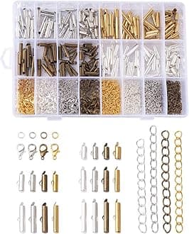 Beadthoven 640pcs 5 Sizes Brass Slide On End Clasps with Iron Chain Extenders & Jump Rings & Alloy Lobster Claw Clasps 4 Colors Tube Crimp Cord Ends Finding for Jewelry Making 10mm/13mm/16mm/20mm/25mm