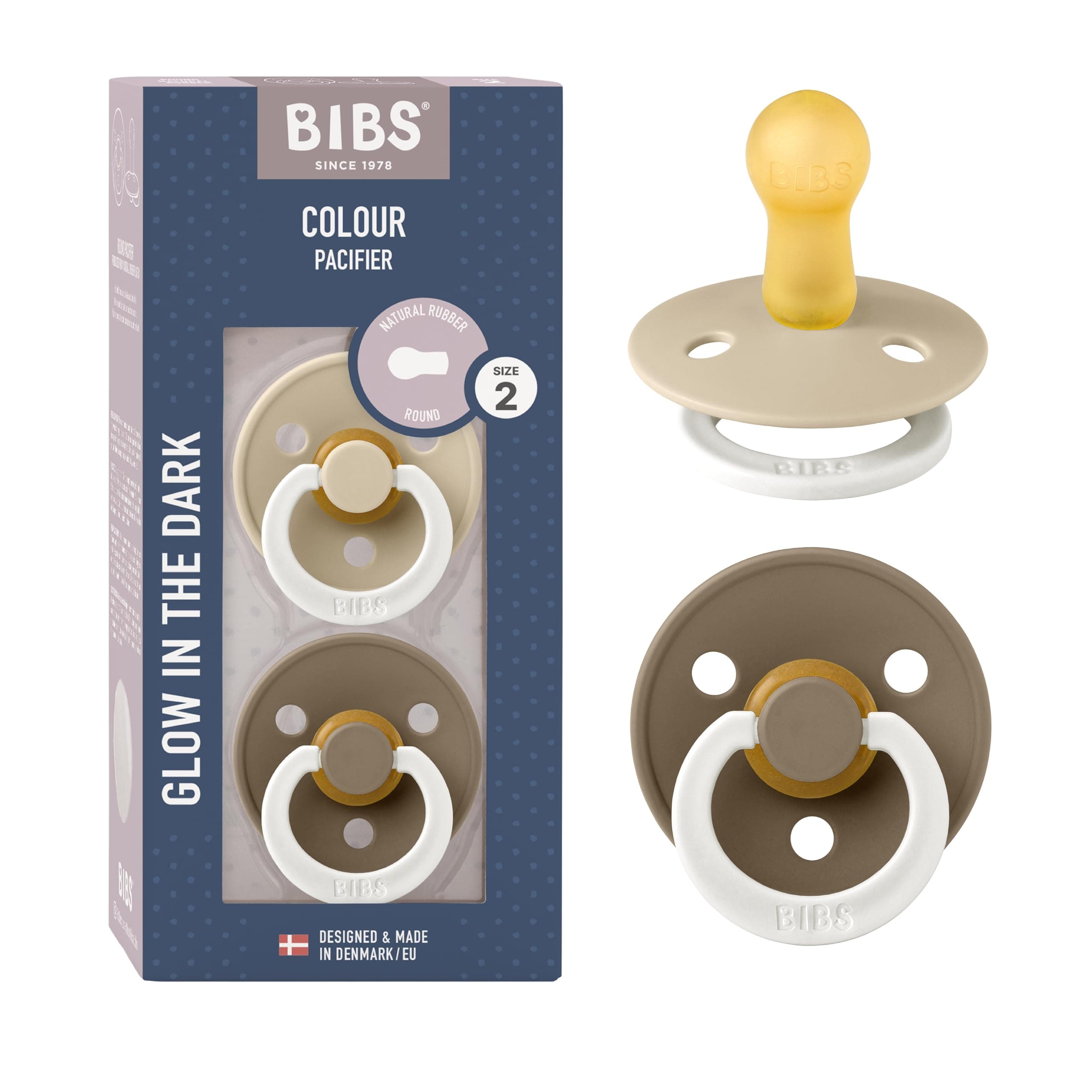 BIBS Pacifiers Colour Collection | Natural Rubber Baby Pacifier | Set of 2 BPA-Free Soothers | Made in Denmark | 6+ Months (Pack of 2) | Vanilla Night/Dark Oak Night