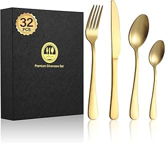BEWOS 32-Piece Stainless Steel Cutlery Set, Matt Gold Knives and Forks, Service for 8, Spoon and Fork Set with Gift Box, Dishwasher Safe