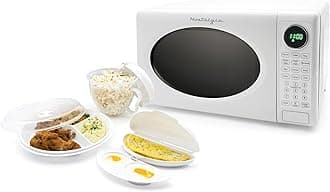 Nostalgia Modern Retro Countertop Microwave Oven - 700-Watt - 0.7 cu ft - Retro Microwave and Accessory Bundle with Popcorn Popper, Egg Poacher/Omelet Cooker, and Divided Plate with Cover - White